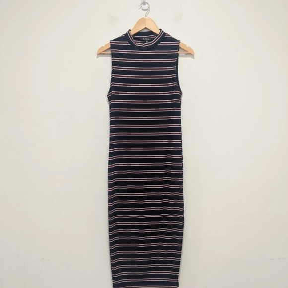 LULUS Franklin navy blue striped mock turtleneck knit midi dress size large - Picture 11 of 15